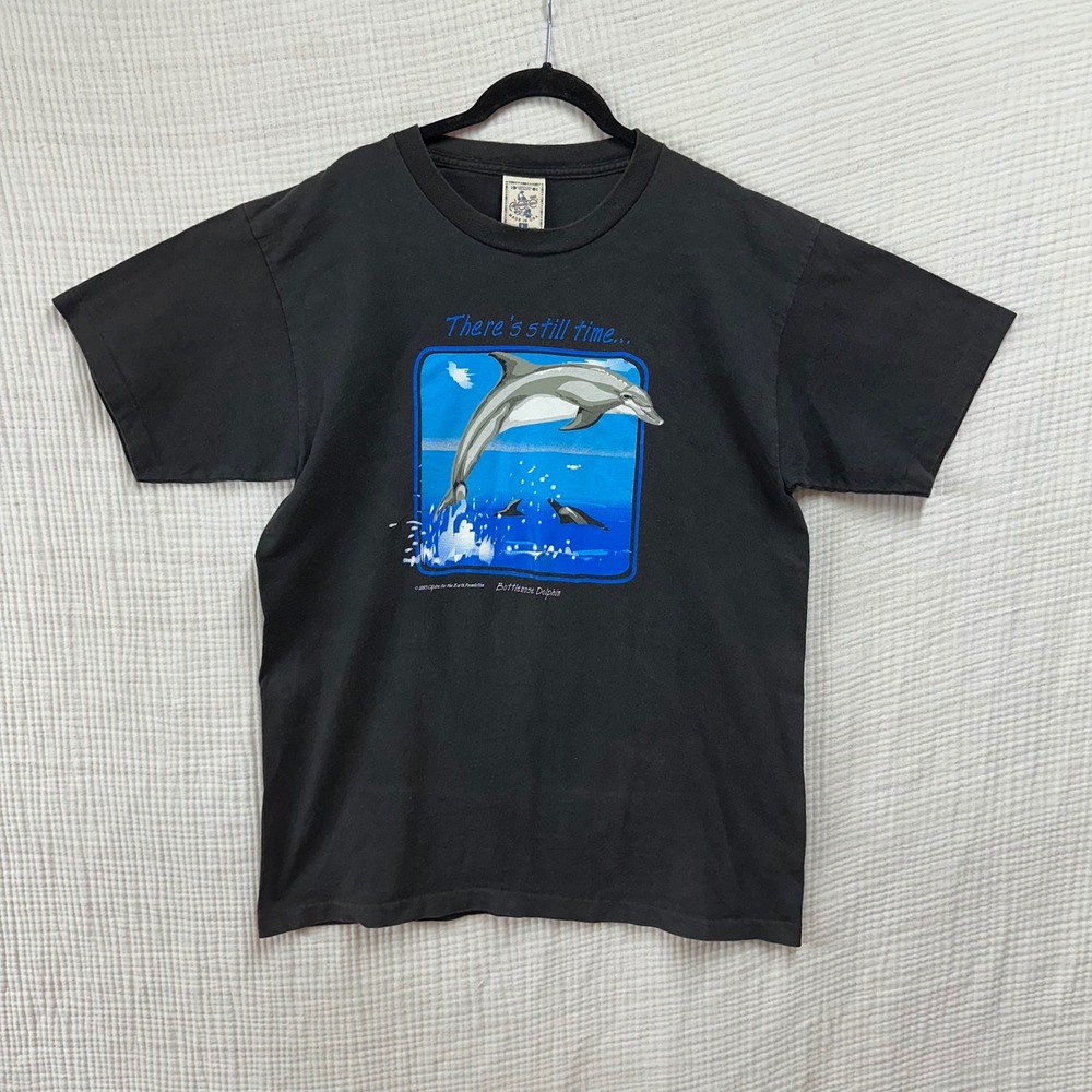 Vtg 90s Bottlenose Dolphin Tee There's Still Time Single Stitch Black Tee L
